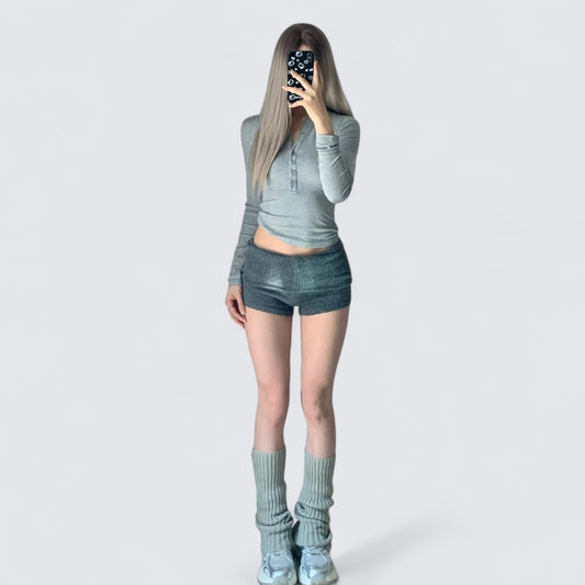 Grey Long Sleeve Button Crop and Silver Knit Shorts Y2K Two Pieces Sets