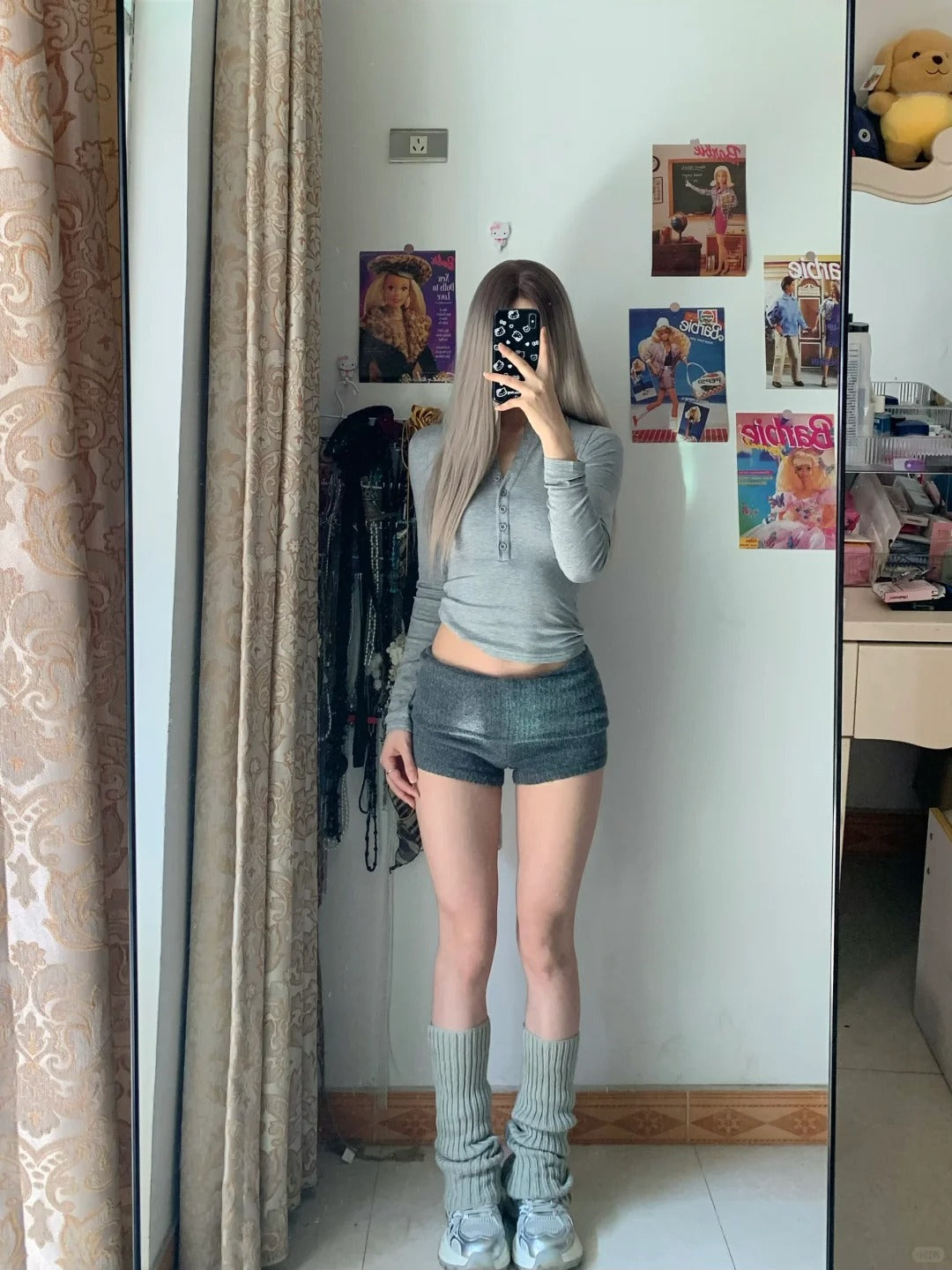 Grey Long Sleeve Button Crop and Silver Knit Shorts Y2K Two Pieces Sets
