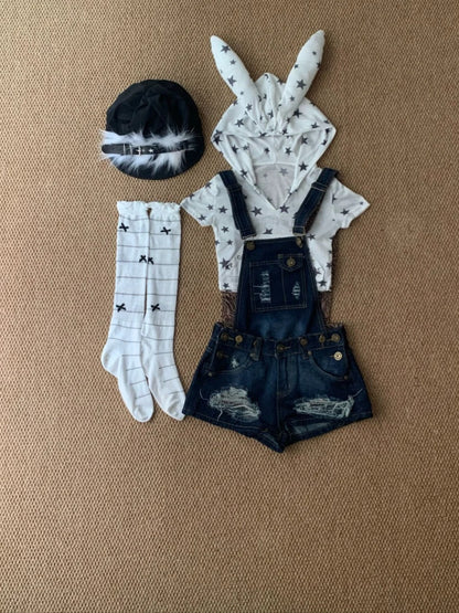 White Bunny Crop Tee and Blue Overalls Y2K Two Pieces Sets