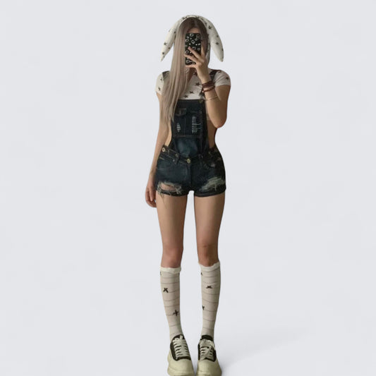 White Bunny Crop Tee and Blue Overalls Y2K Two Pieces Sets