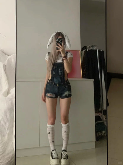 White Bunny Crop Tee and Blue Overalls Y2K Two Pieces Sets