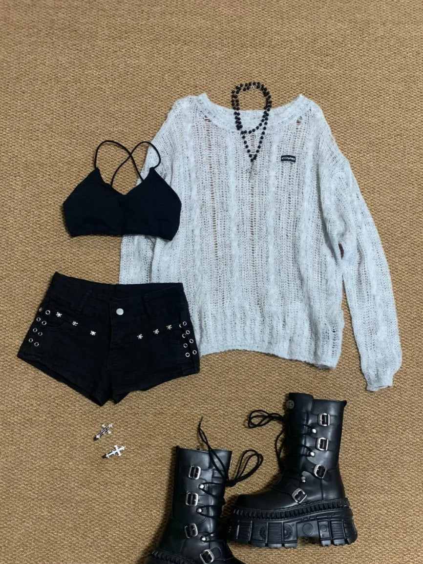 Light Hollow Knit Long Sleeve Top and Decorative Shorts Y2K Two Pieces Sets