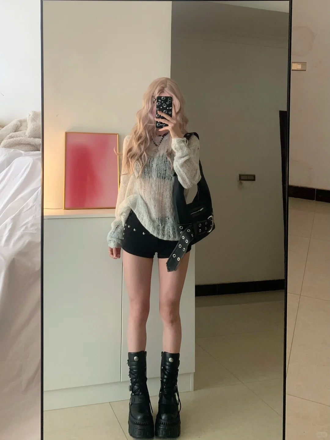 Light Hollow Knit Long Sleeve Top and Decorative Shorts Y2K Two Pieces Sets