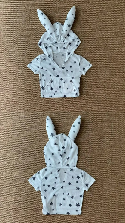 White Bunny Crop Tee and Blue Overalls Y2K Two Pieces Sets