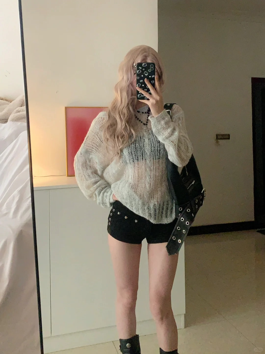 Light Hollow Knit Long Sleeve Top and Decorative Shorts Y2K Two Pieces Sets