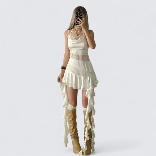 Irregular Ruffle Halter Lace Mini Dress Y2K Mini Dress