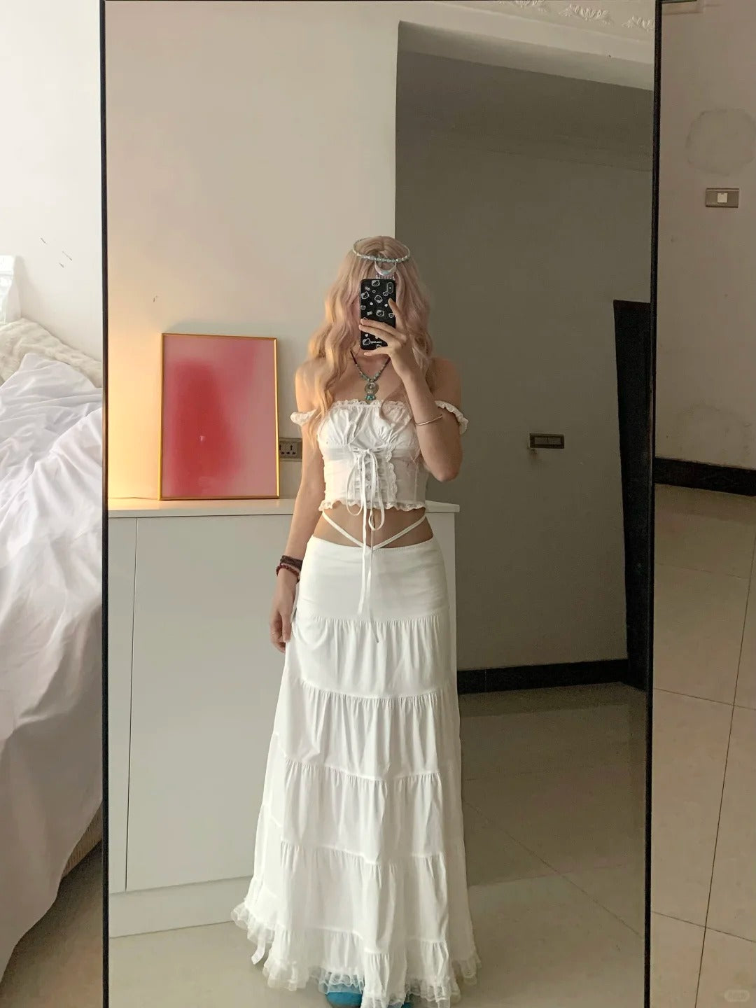 White Bustier with Metal Details and Layered Ruffle Mini Skirt Y2K Two Pieces Sets