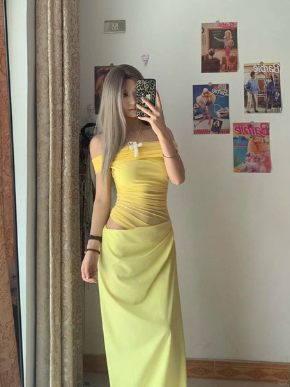 Yellow One Shoulder Maxi Dress with Mesh Y2K Midi Dress