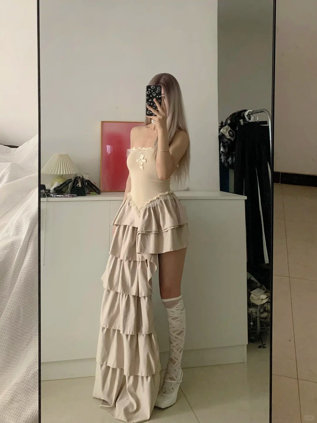 Apricot Bustier Tiered Midi Dress Y2K Midi Dress