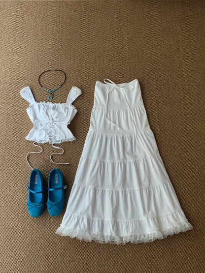 White Bustier with Metal Details and Layered Ruffle Mini Skirt Y2K Two Pieces Sets