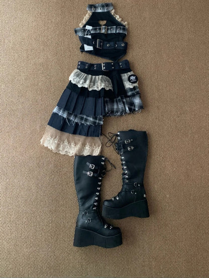 Denim Patchwork Top and Asymmetric Mini Skirt Y2K Two Pieces Sets
