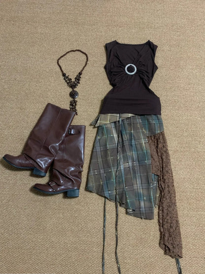 Dark Brown Sleeveless Top and Plaid Lace Asymmetric Mini Skirt Y2K Two Pieces Sets