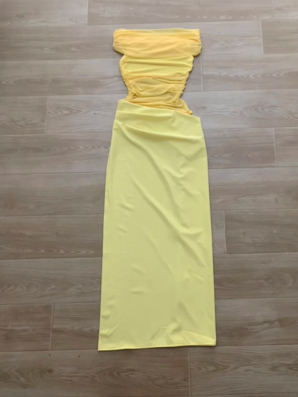 Yellow One Shoulder Maxi Dress with Mesh Y2K Midi Dress