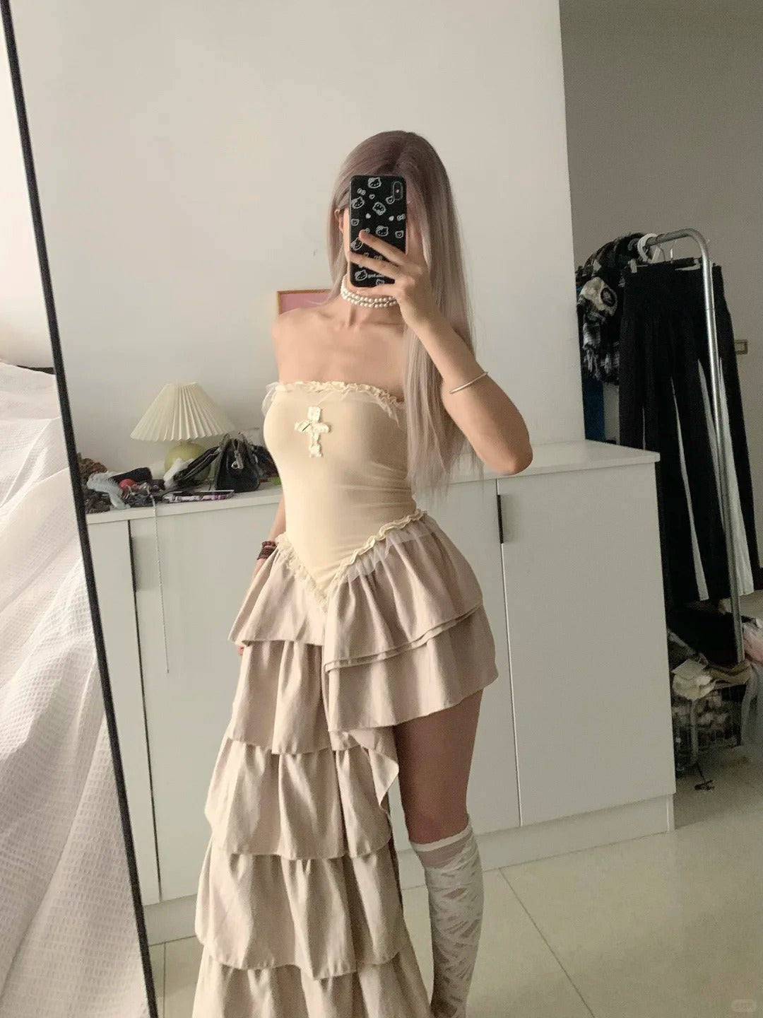 Apricot Bustier Tiered Midi Dress Y2K Midi Dress