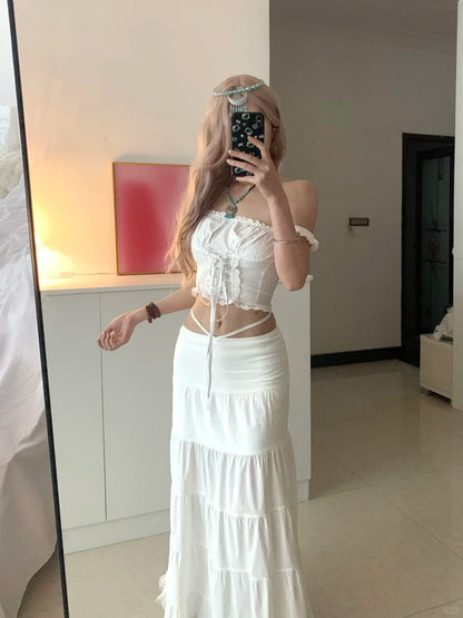White Bustier with Metal Details and Layered Ruffle Mini Skirt Y2K Two Pieces Sets