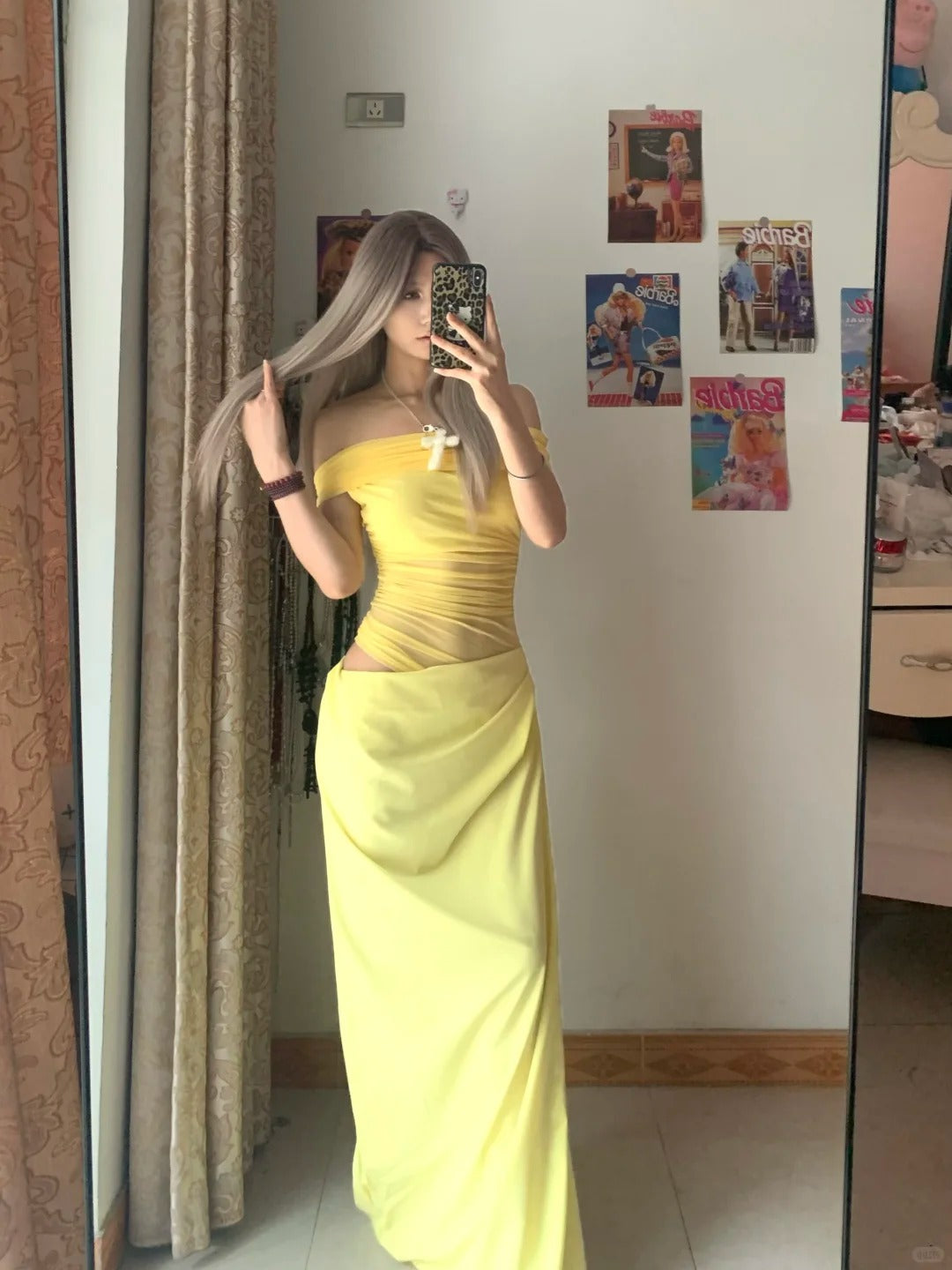 Yellow One Shoulder Maxi Dress with Mesh Y2K Midi Dress