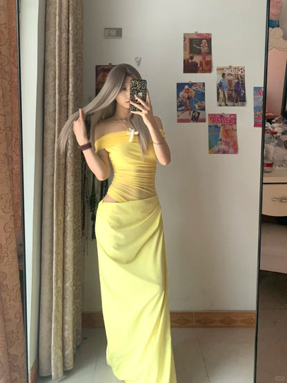 Yellow One Shoulder Maxi Dress with Mesh Y2K Midi Dress
