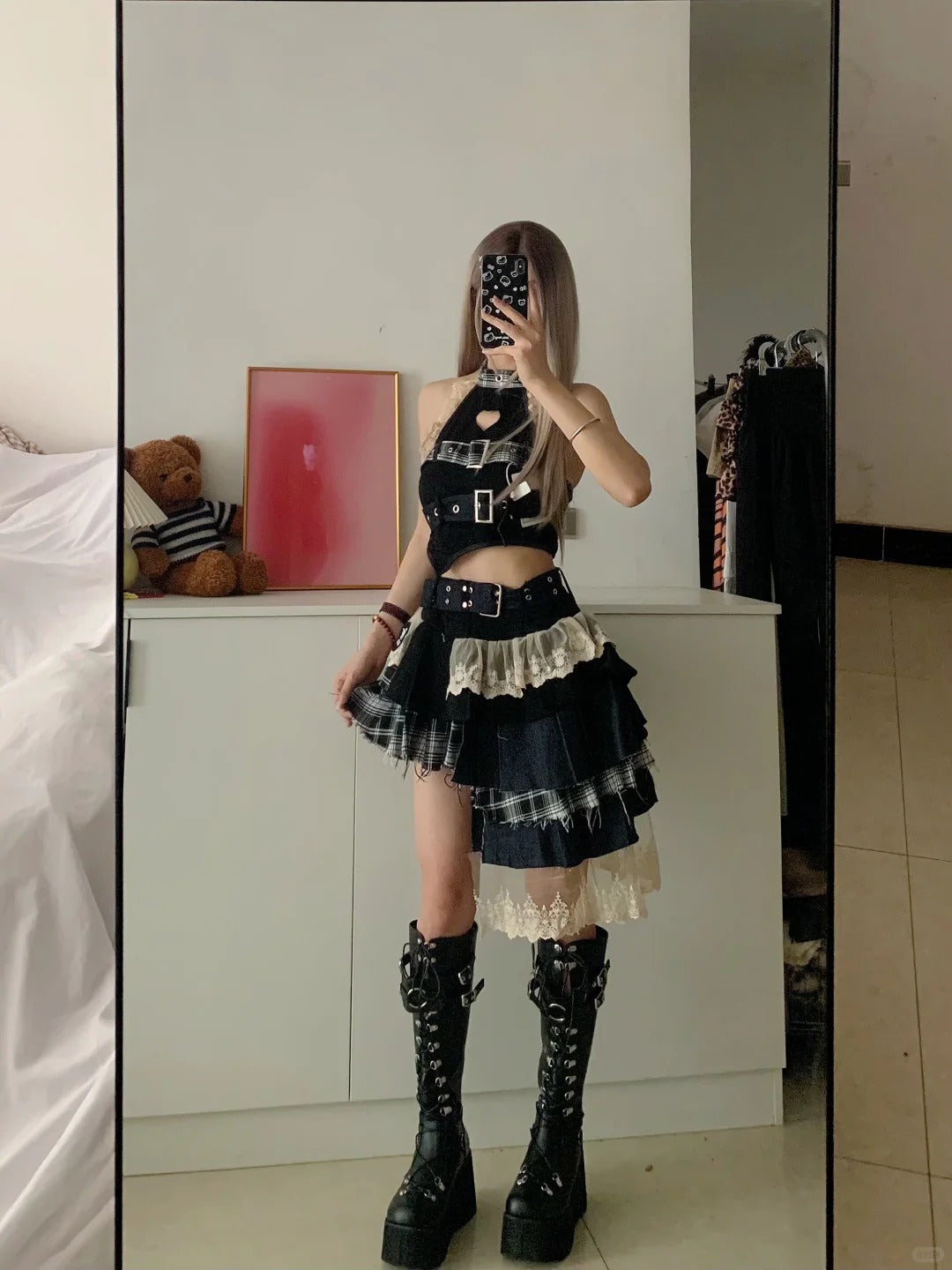 Denim Patchwork Top and Asymmetric Mini Skirt Y2K Two Pieces Sets