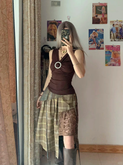 Dark Brown Sleeveless Top and Plaid Lace Asymmetric Mini Skirt Y2K Two Pieces Sets