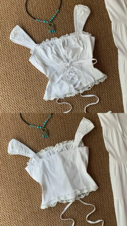 White Bustier with Metal Details and Layered Ruffle Mini Skirt Y2K Two Pieces Sets