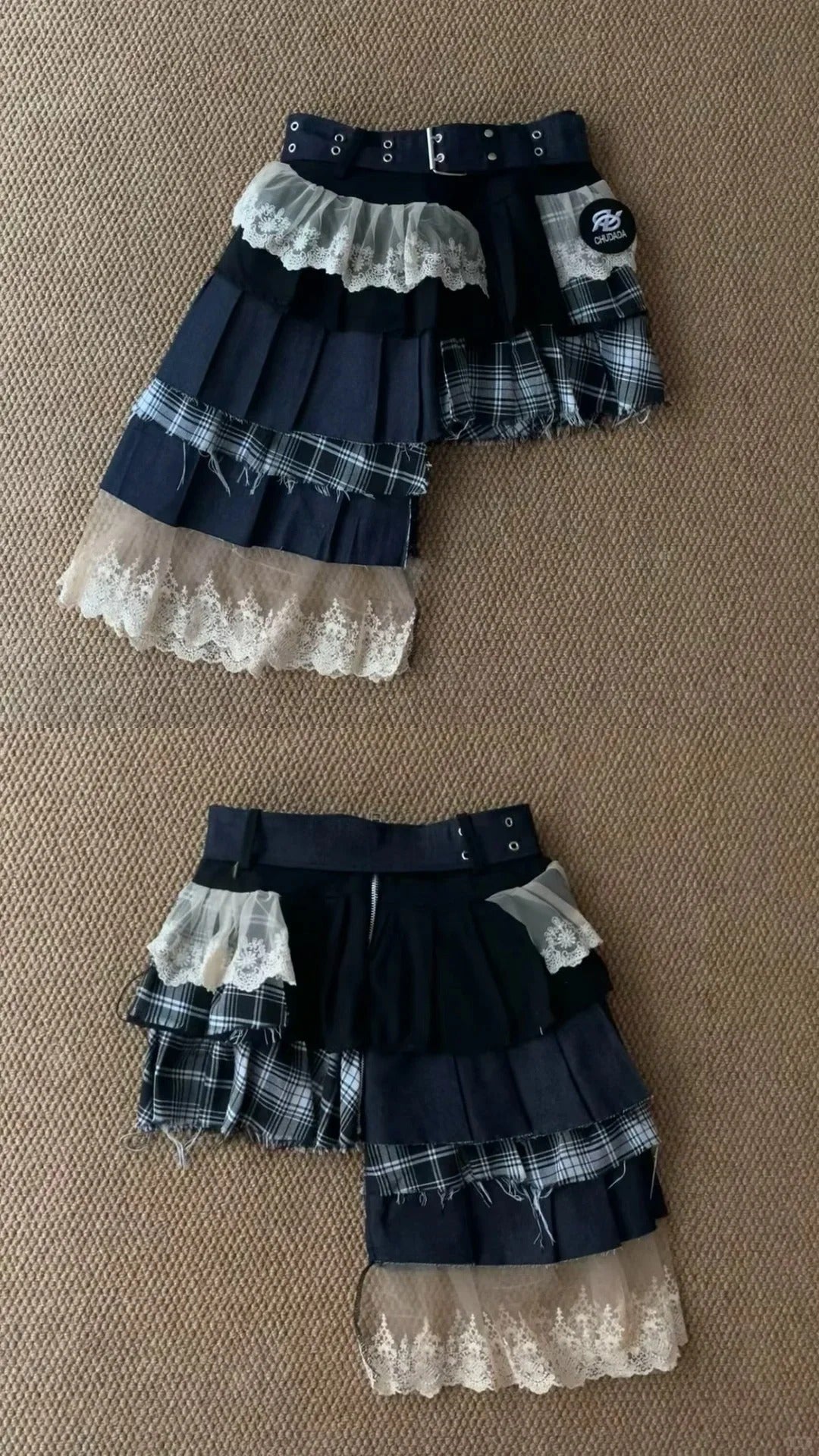 Denim Patchwork Top and Asymmetric Mini Skirt Y2K Two Pieces Sets