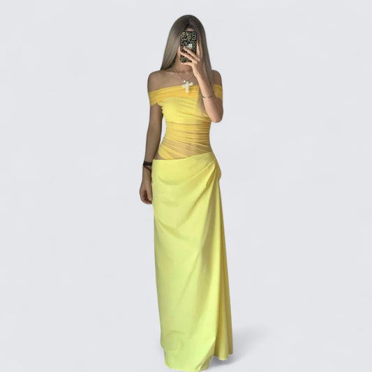 Yellow One Shoulder Maxi Dress with Mesh Y2K Midi Dress