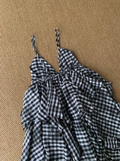 Black White Checkered Tiered Dress Y2K Midi Dress
