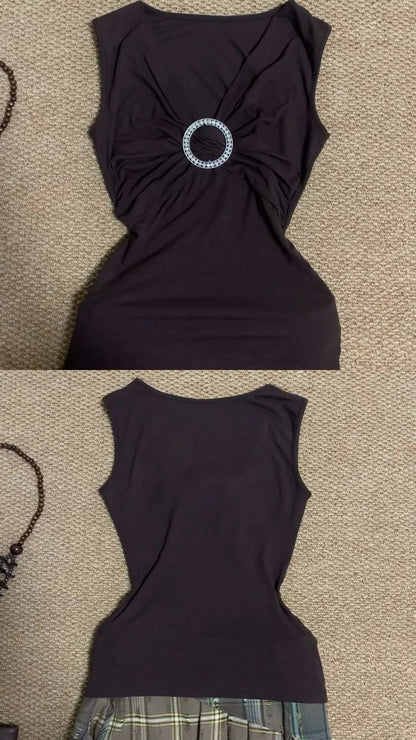 Dark Brown Sleeveless Top and Plaid Lace Asymmetric Mini Skirt Y2K Two Pieces Sets