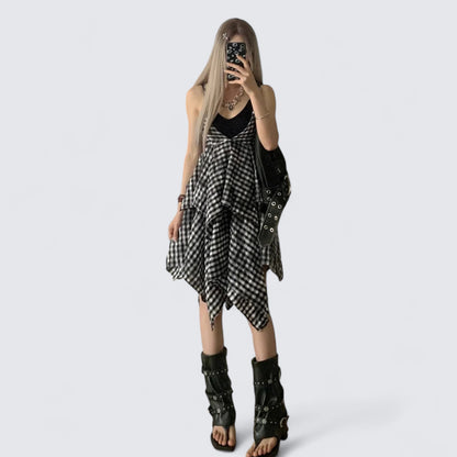 Black White Checkered Tiered Dress Y2K Midi Dress