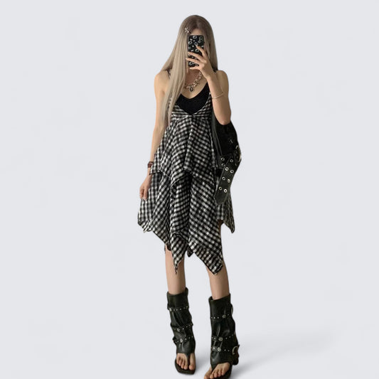 Black White Checkered Tiered Dress Y2K Midi Dress