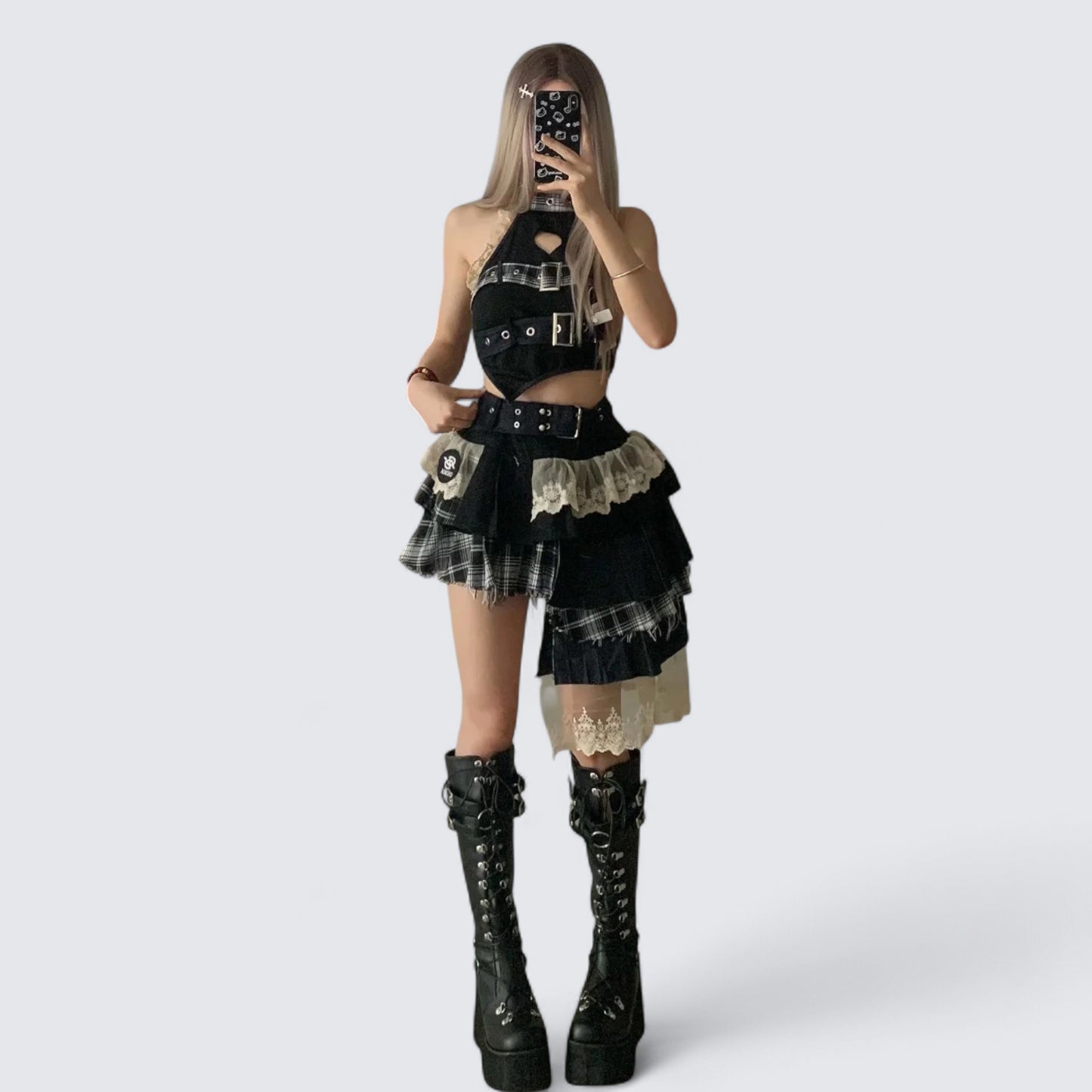 Denim Patchwork Top and Asymmetric Mini Skirt Y2K Two Pieces Sets