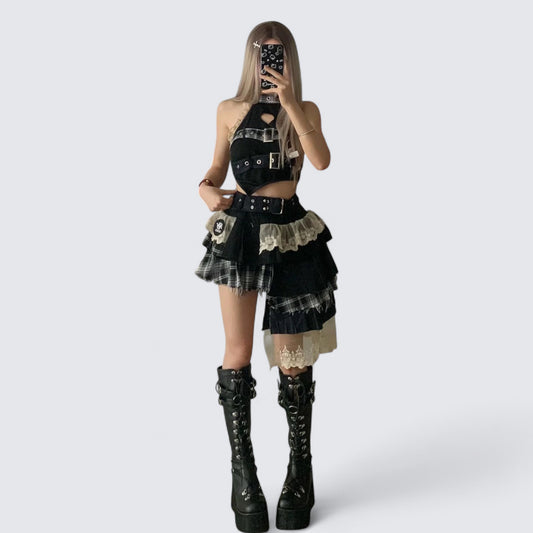 Denim Patchwork Top and Asymmetric Mini Skirt Y2K Two Pieces Sets
