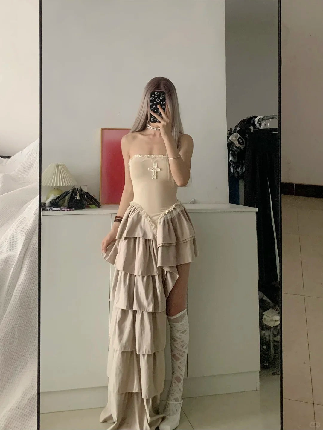 Apricot Bustier Tiered Midi Dress Y2K Midi Dress