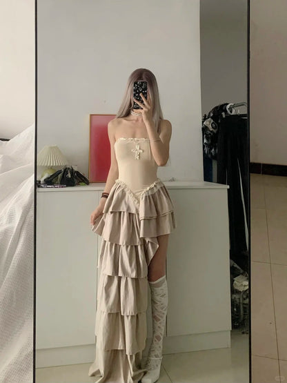 Apricot Bustier Tiered Midi Dress Y2K Midi Dress