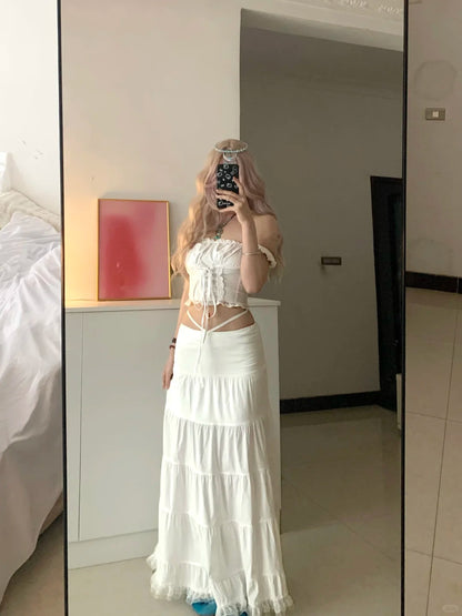 White Bustier with Metal Details and Layered Ruffle Mini Skirt Y2K Two Pieces Sets