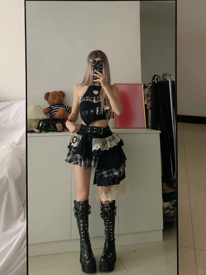 Denim Patchwork Top and Asymmetric Mini Skirt Y2K Two Pieces Sets