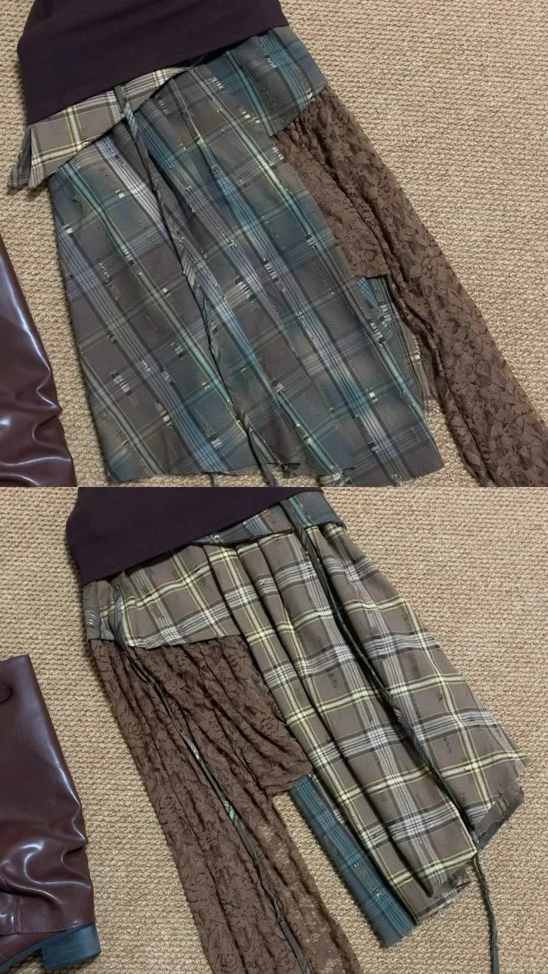 Dark Brown Sleeveless Top and Plaid Lace Asymmetric Mini Skirt Y2K Two Pieces Sets