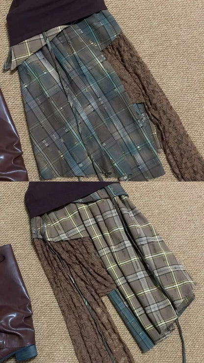 Dark Brown Sleeveless Top and Plaid Lace Asymmetric Mini Skirt Y2K Two Pieces Sets