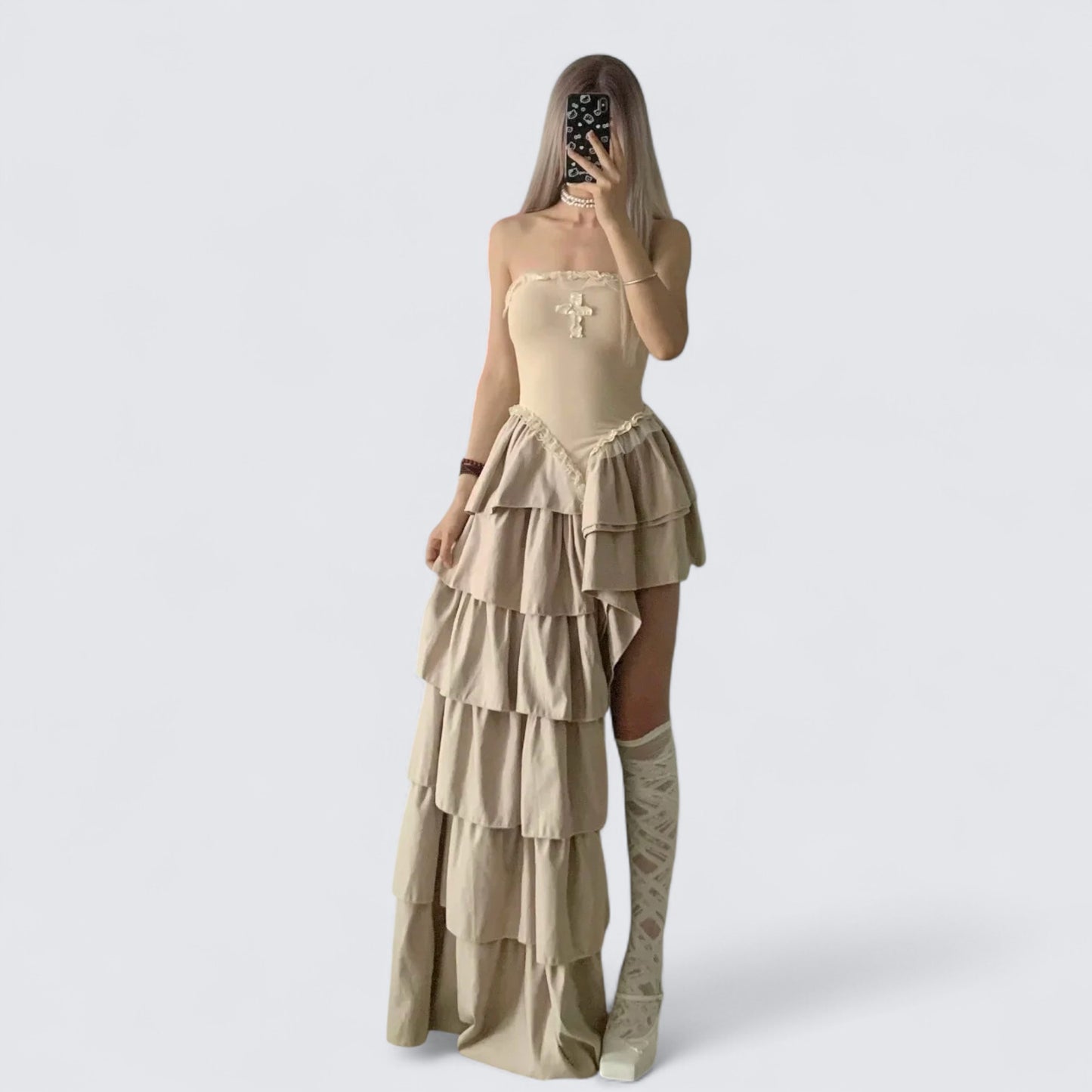 Apricot Bustier Tiered Midi Dress Y2K Midi Dress