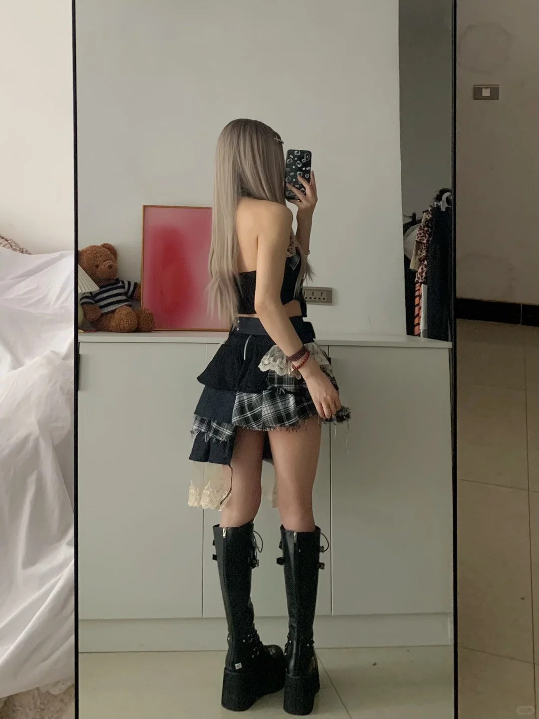 Denim Patchwork Top and Asymmetric Mini Skirt Y2K Two Pieces Sets
