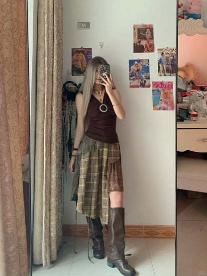Dark Brown Sleeveless Top and Plaid Lace Asymmetric Mini Skirt Y2K Two Pieces Sets