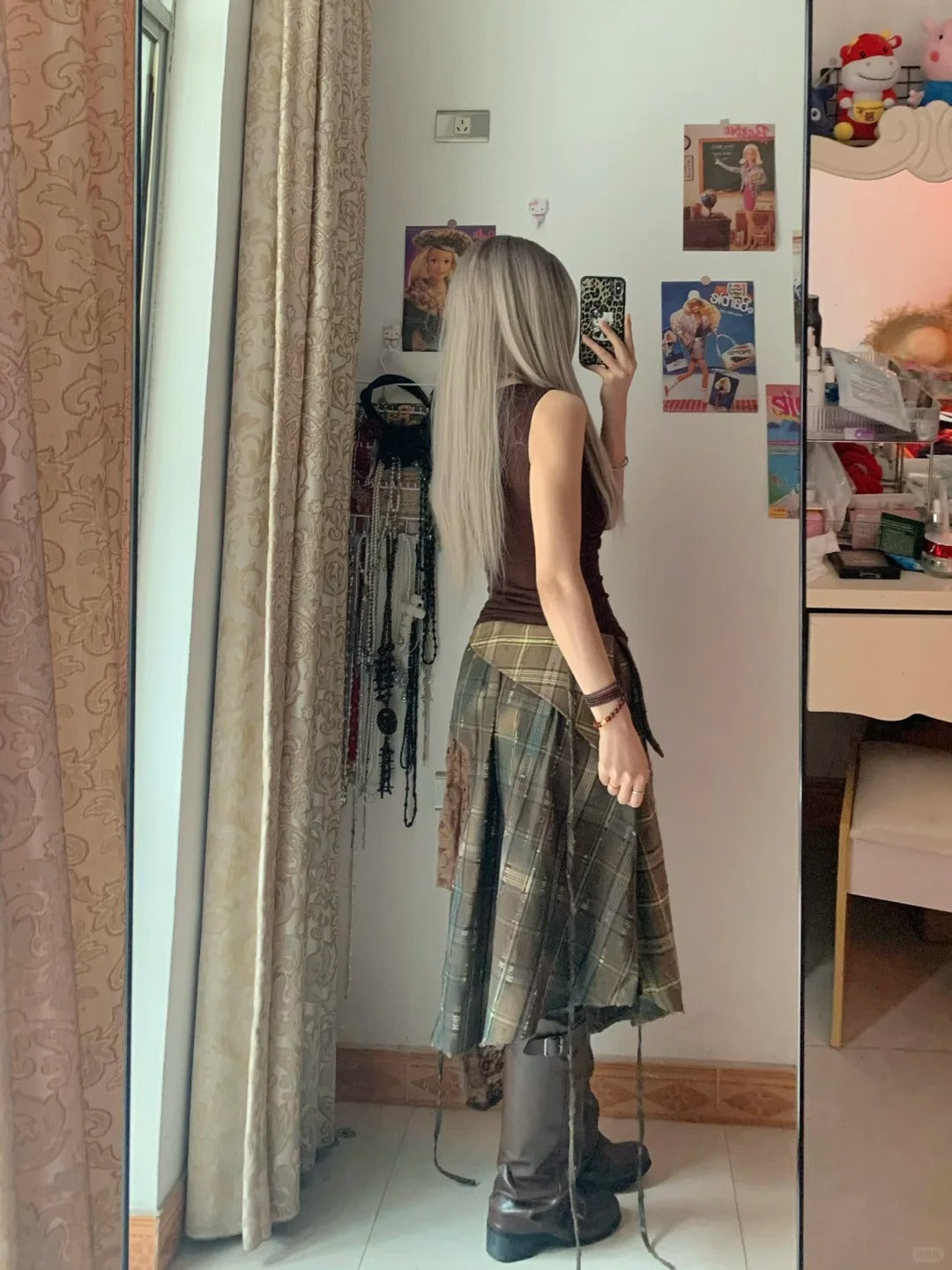 Dark Brown Sleeveless Top and Plaid Lace Asymmetric Mini Skirt Y2K Two Pieces Sets