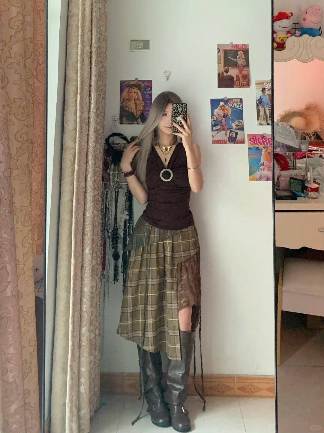 Dark Brown Sleeveless Top and Plaid Lace Asymmetric Mini Skirt Y2K Two Pieces Sets
