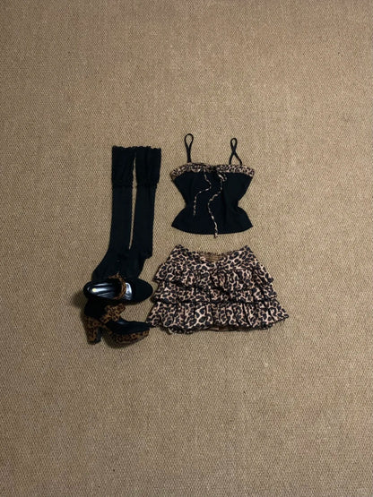 Black Leopard Splice Top and Skirt Y2K Two Pieces Sets