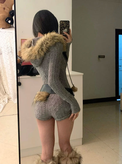 Grey Hooded Knit Dress with Belt Y2K Dress