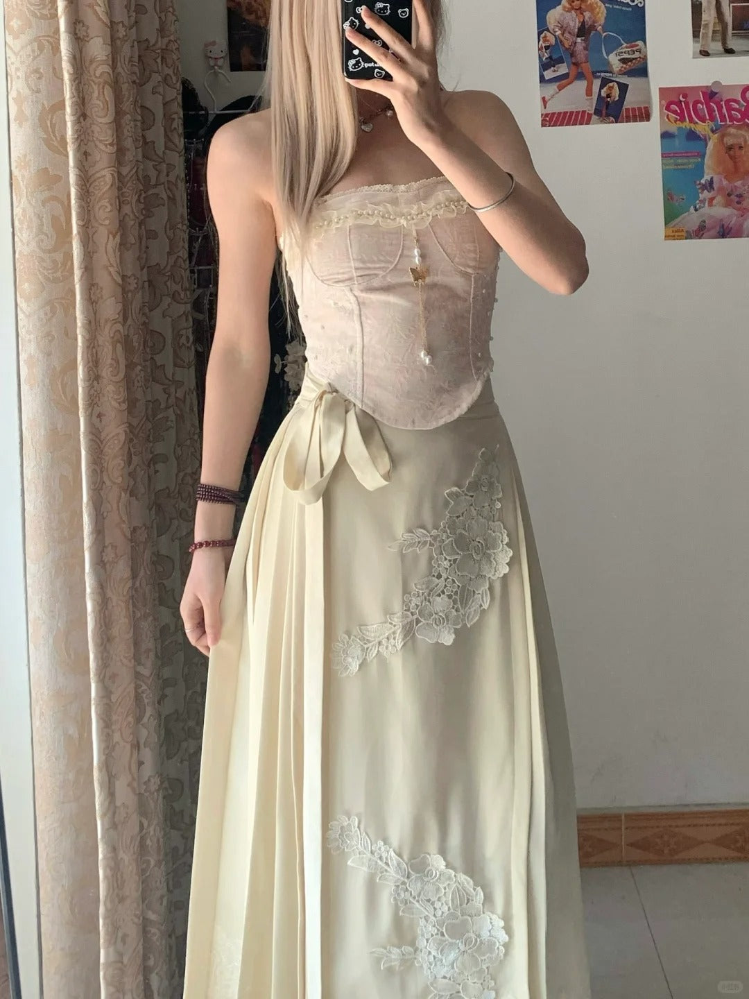 Beige Lace Bustier Top and Maxi Skirt Y2K Two Pieces Sets