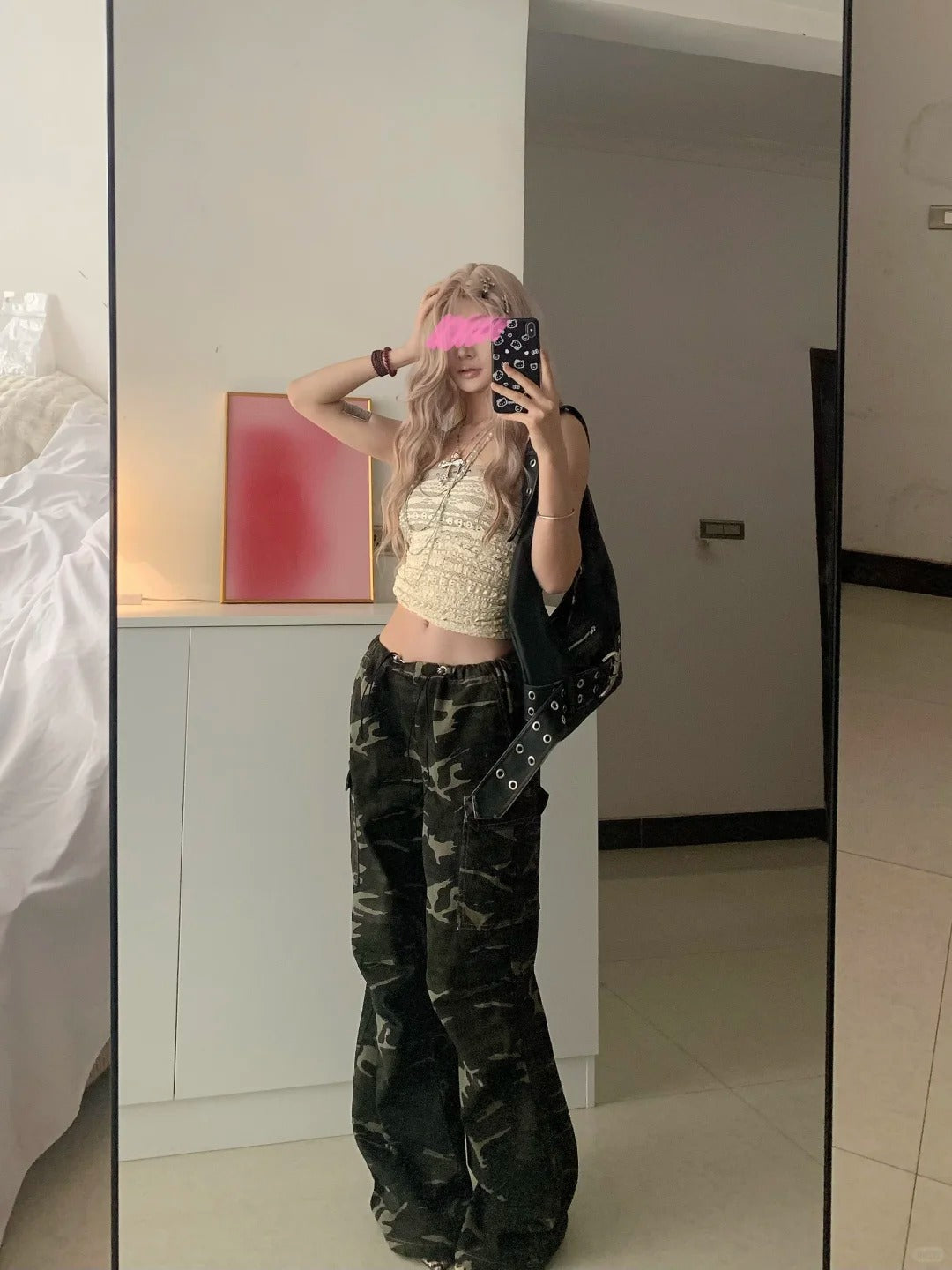 Beige Knit Halter and Camo Wide Leg Pants Y2K Two Pieces Sets