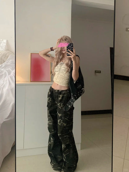 Beige Knit Halter and Camo Wide Leg Pants Y2K Two Pieces Sets