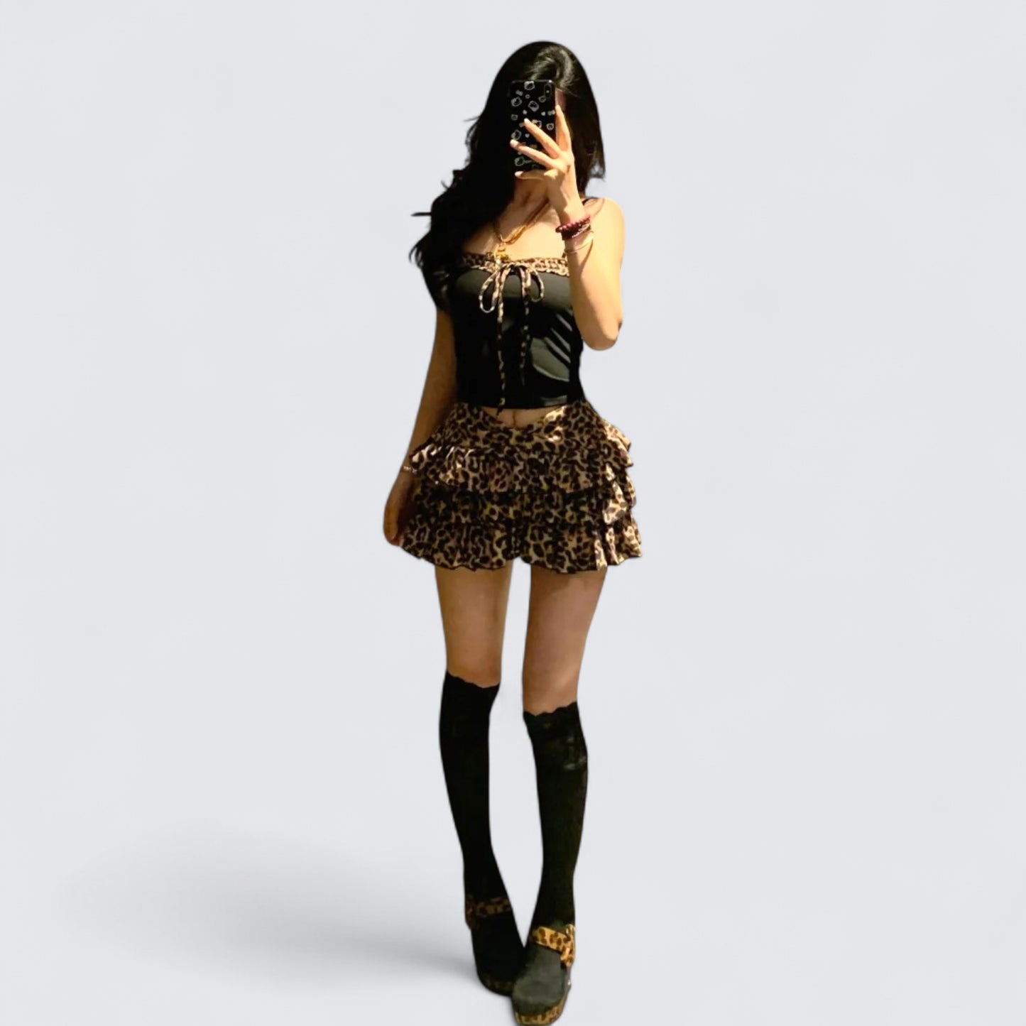 Black Leopard Splice Top and Skirt Y2K Two Pieces Sets