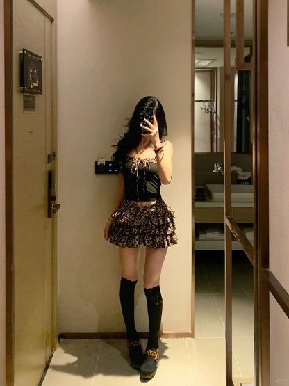 Black Leopard Splice Top and Skirt Y2K Two Pieces Sets